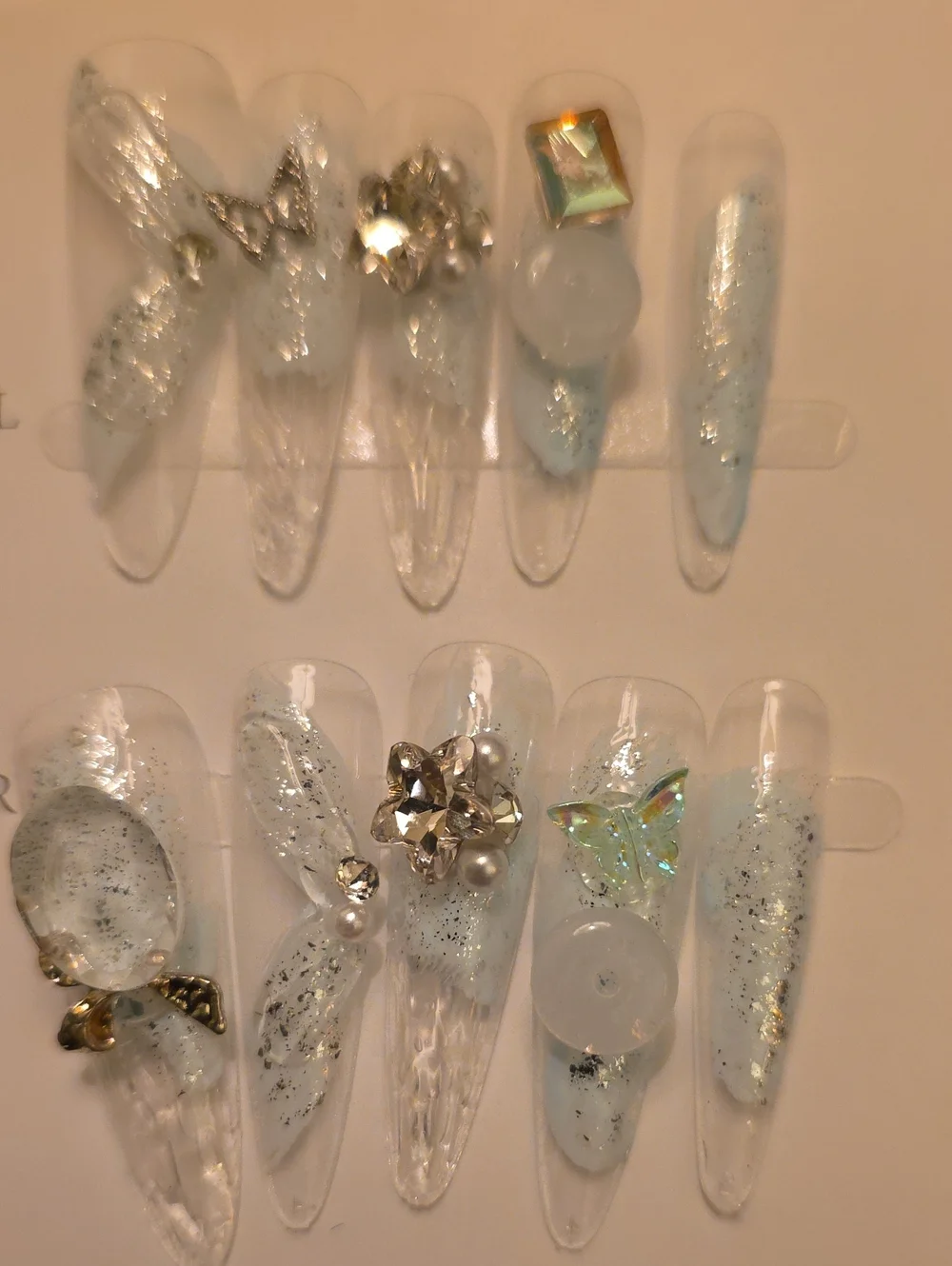 Light Blue Iridescent Crystal Accent Press-On Nail Set Size Large